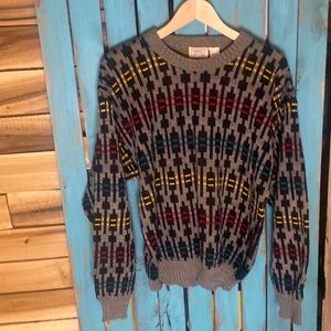Robert Bruce acrylic crewneck sweater size large gray black yellow red turquoise